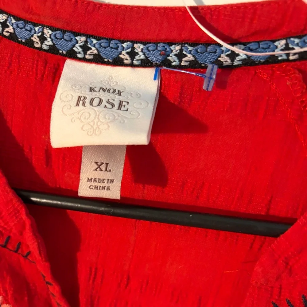 Knox Rose Red Dress with Blue Embroidery Size Large Lined 💯 Cotton - Picture 9 of 11